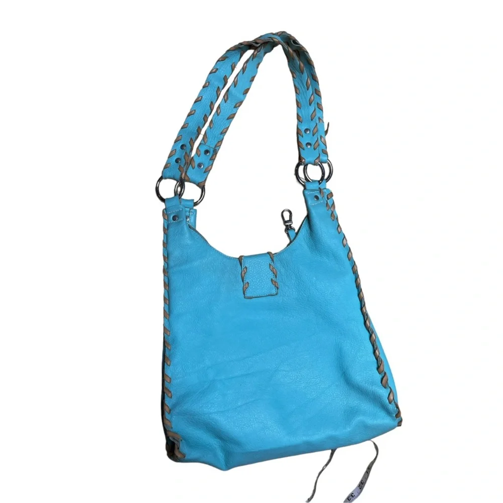Carla Mancini open stitch leather braid through string blue leather slouch bag - Picture 9 of 12